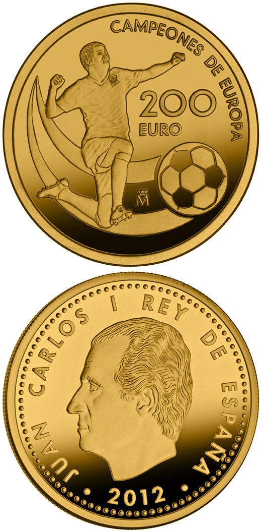 Image of 200 euro coin - UEFA EURO 2012 Champions of Europe | Spain 2012.  The Gold coin is of Proof quality.