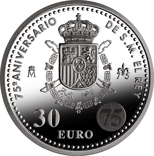Image of 30 euro coin - 75th birthday of His Majesty the King | Spain 2013.  The Silver coin is of BU, UNC quality.