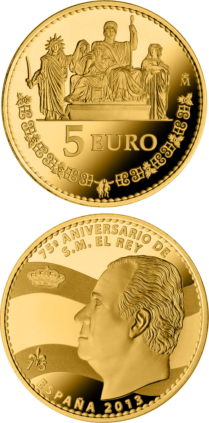 Image of 5 euro coin - 75th birthday of His Majesty the King | Spain 2013.  The Bimetal: silver, gold plating coin is of Proof quality.