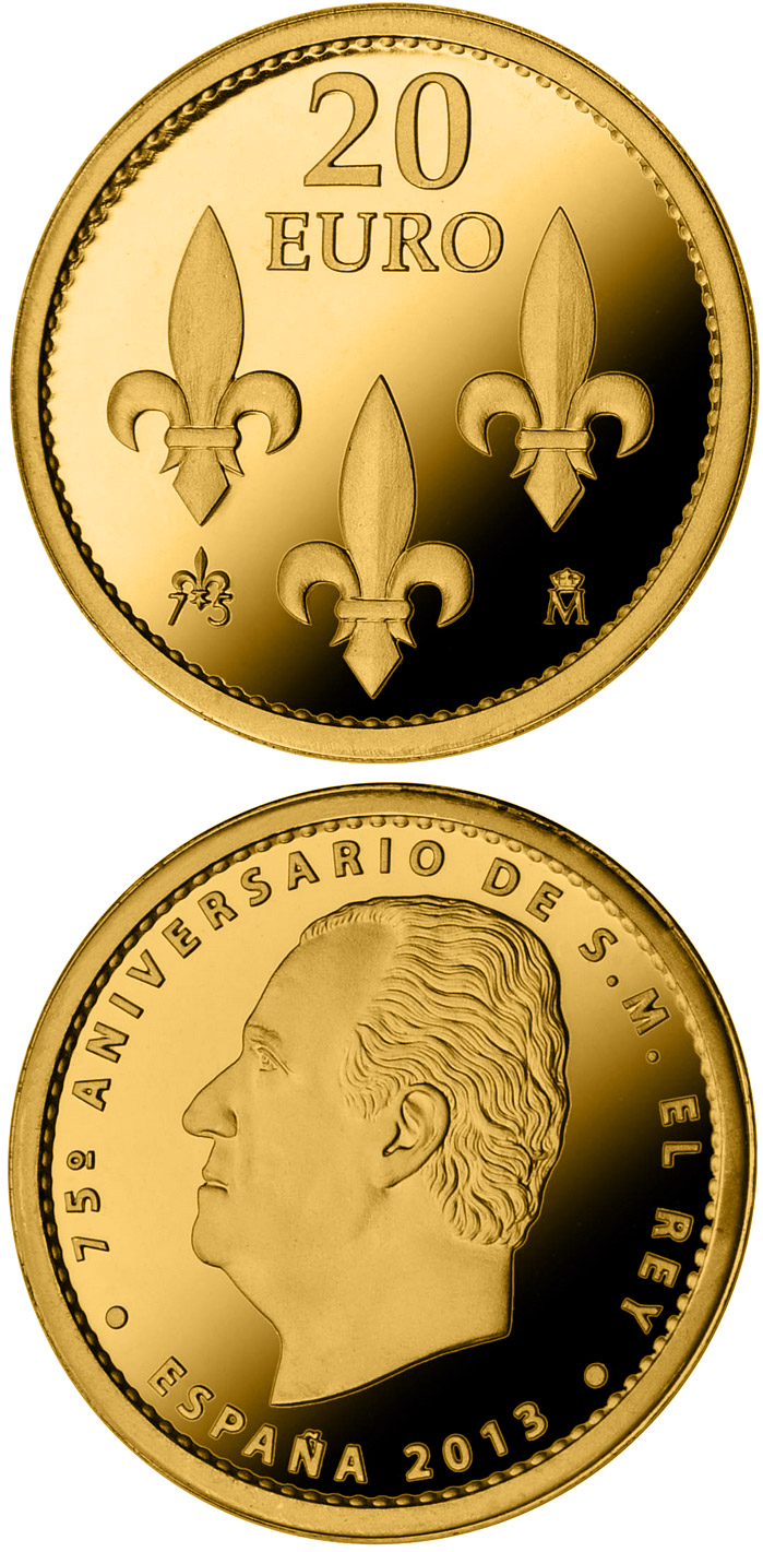 Image of 20 euro coin - 75th birthday of His Majesty the King | Spain 2013.  The Gold coin is of Proof quality.