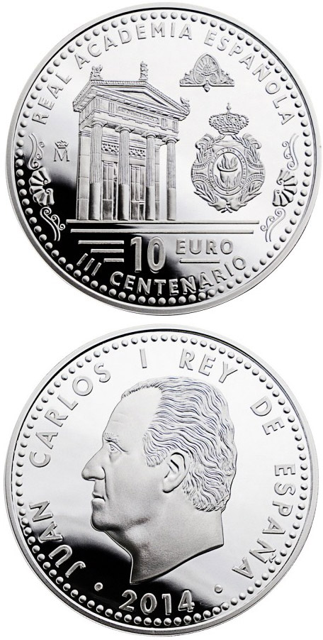 Image of 10 euro coin - 300th Anniversary of the Royal Academy of the Spanish Language  | Spain 2014.  The Silver coin is of Proof quality.