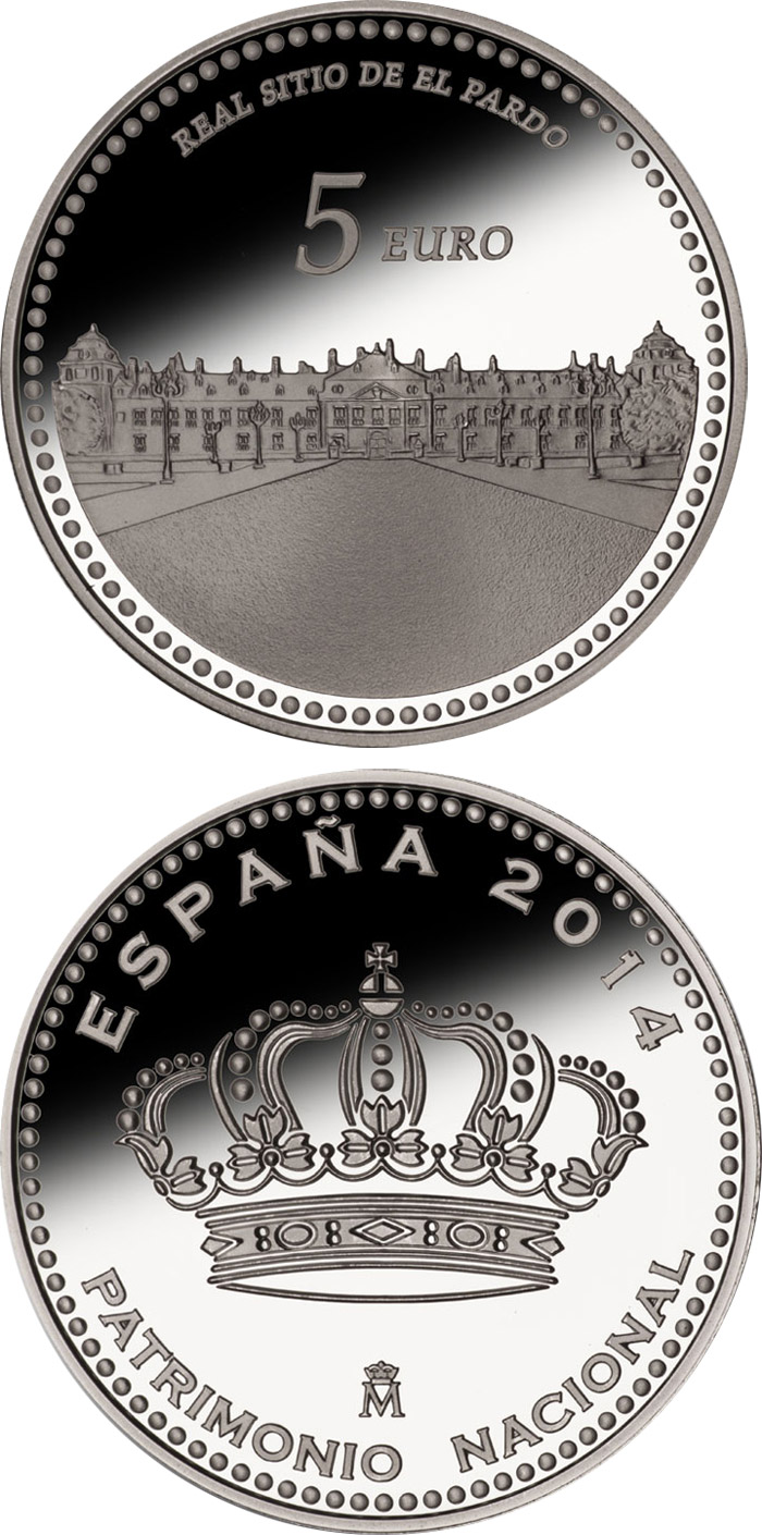 Image of 5 euro coin - Royal Palace of El Pardo | Spain 2014.  The Silver coin is of Proof quality.