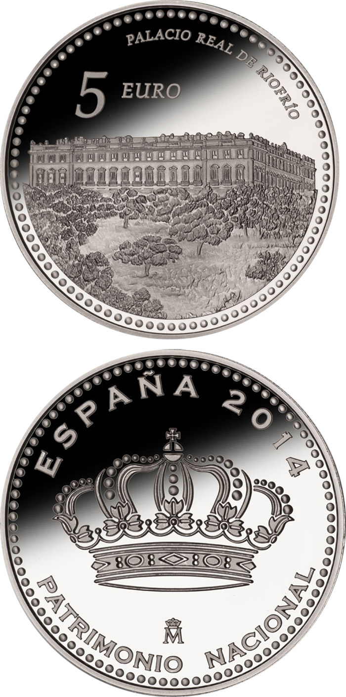 Image of 5 euro coin - Royal Palace of Riofrío | Spain 2014.  The Silver coin is of Proof quality.