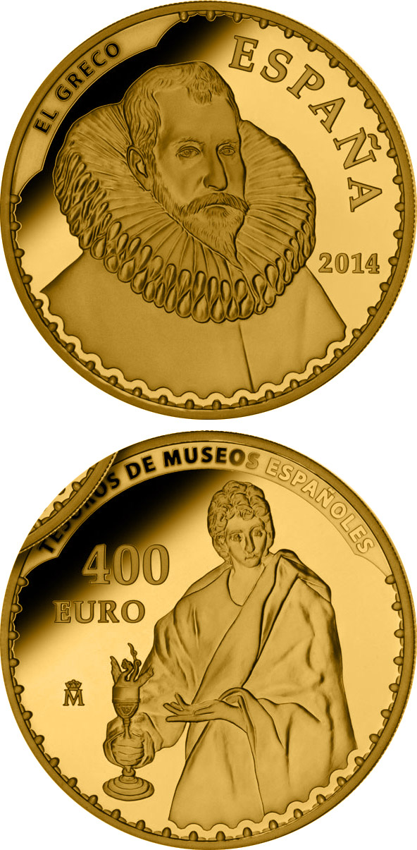 Image of 400 euro coin - El Greco | Spain 2014.  The Gold coin is of Proof quality.