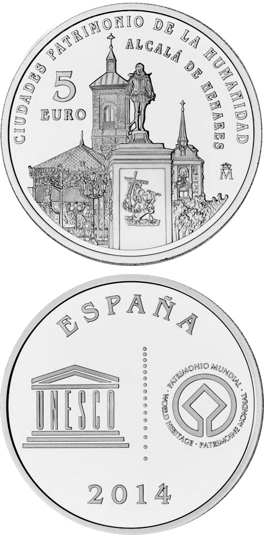 Image of 5 euro coin - Alcalá de Henares | Spain 2014.  The Silver coin is of Proof quality.