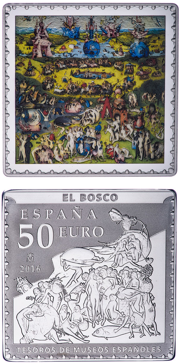 Image of 50 euro coin - Spanish Museum Treasures IV: Bosch - The Garden of Earthly Delights | Spain 2016.  The Silver coin is of Proof quality.