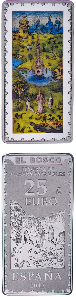 Image of 25 euro coin - Spanish Museum Treasures IV: Bosch - The Garden of Eden | Spain 2016.  The Silver coin is of Proof quality.