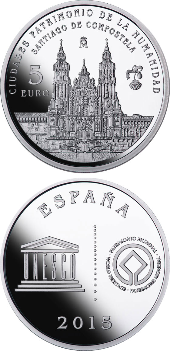 Image of 5 euro coin - Santiago de Compostela | Spain 2015.  The Silver coin is of Proof quality.