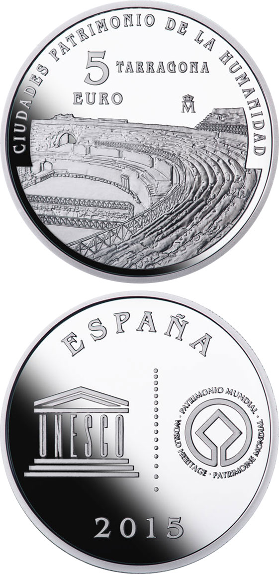Image of 5 euro coin - Tarragona | Spain 2015.  The Silver coin is of Proof quality.