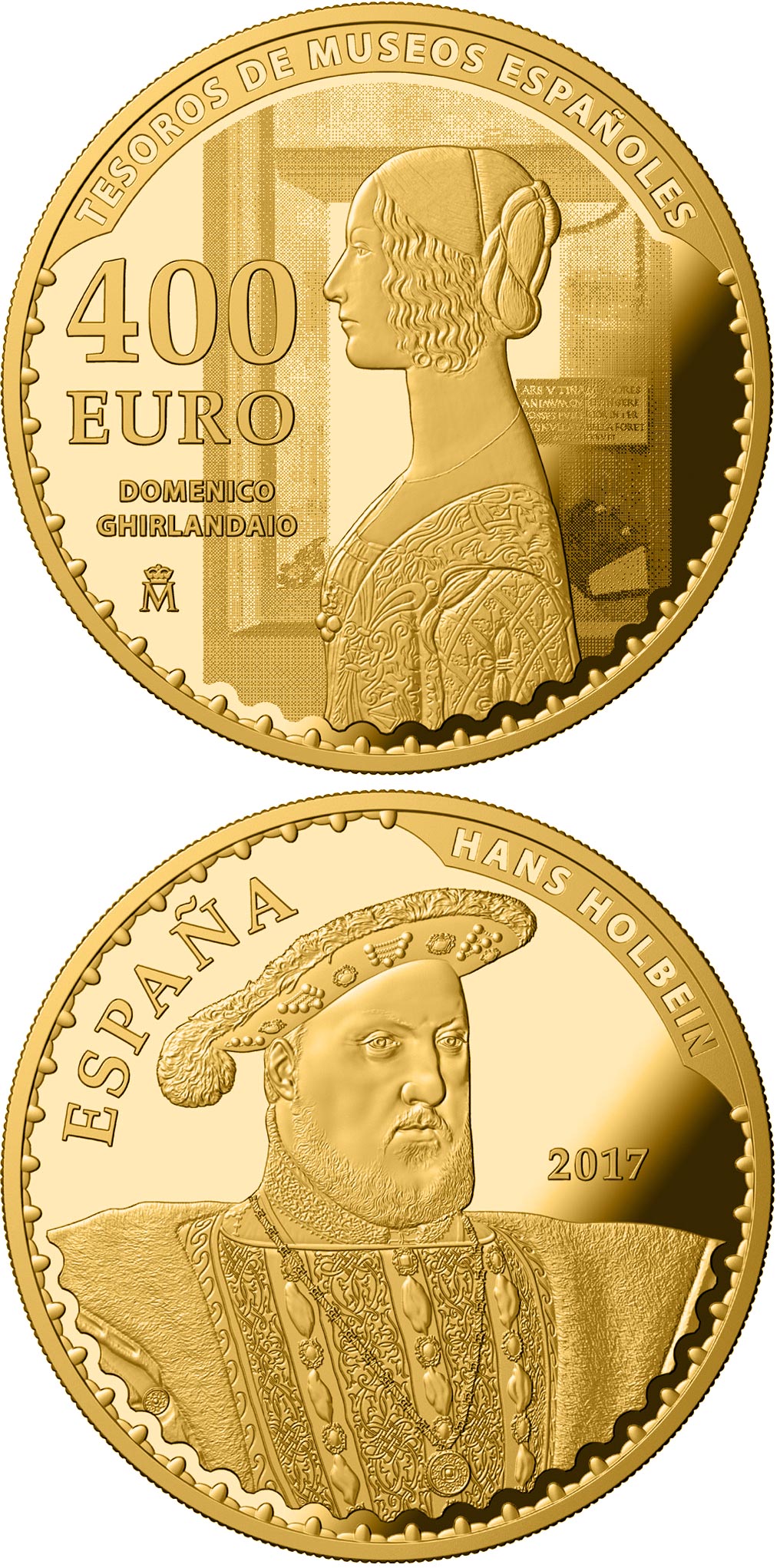 Image of 400 euro coin - Spanish Museum Treasures V: 25th anniversary of the Thyssen-Bornemisza Museum | Spain 2017.  The Gold coin is of Proof quality.