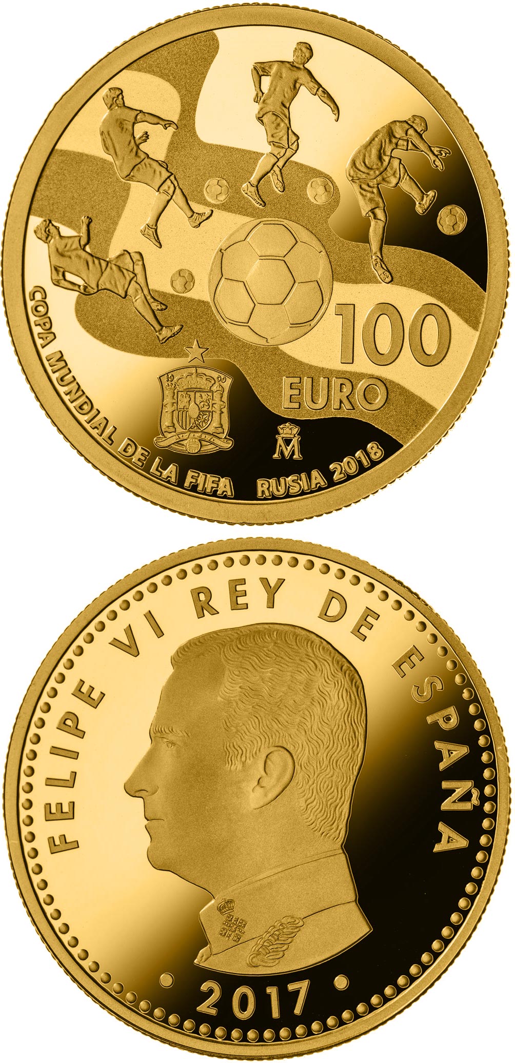 Image of 100 euro coin - FIFA World Cup Russia 2018 | Spain 2017.  The Gold coin is of Proof quality.