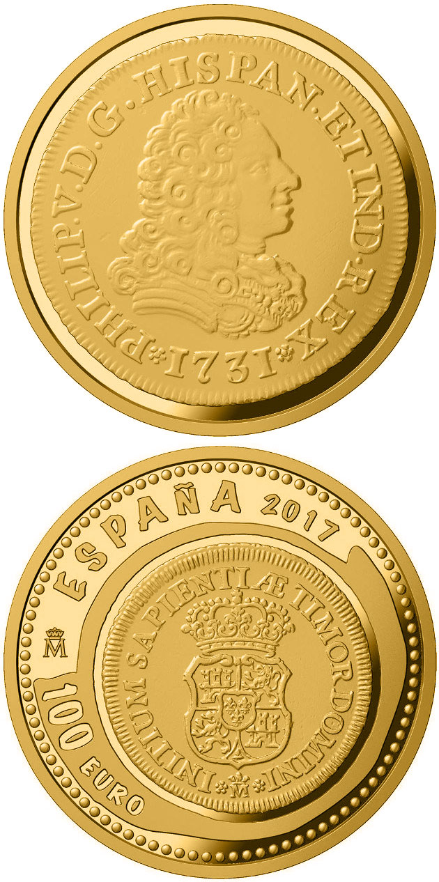 Image of 100 euro coin - 8th Series Numismatic Treasures | Spain 2017.  The Gold coin is of Proof quality.