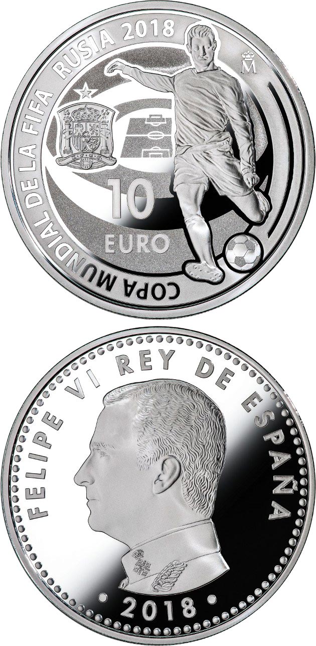 Image of 10 euro coin - FIFA Russia 2018 | Spain 2018.  The Silver coin is of Proof quality.