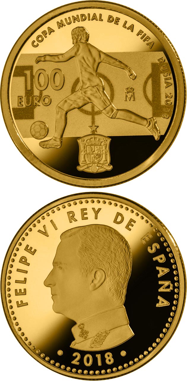 Image of 100 euro coin - FIFA Russia 2018 | Spain 2018.  The Gold coin is of Proof quality.