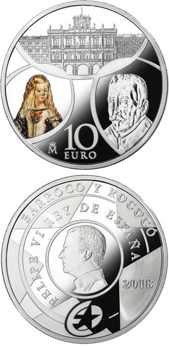 Image of 10 euro coin - Baroque and Rococo | Spain 2018.  The Silver coin is of Proof quality.