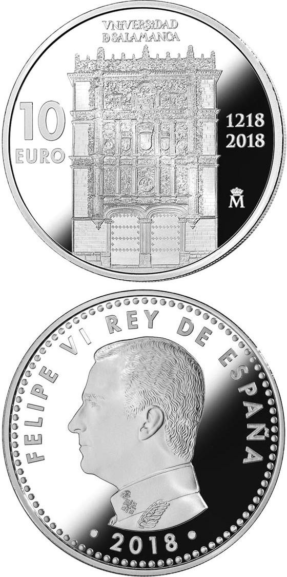 Image of 10 euro coin - 800 Years of the University of Salamanca | Spain 2018.  The Silver coin is of Proof quality.