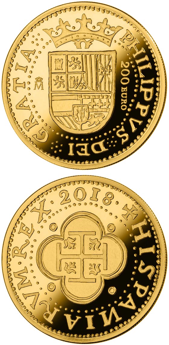 Image of 200 euro coin - 150th Anniversary Spanish Escudos | Spain 2018.  The Gold coin is of Proof quality.