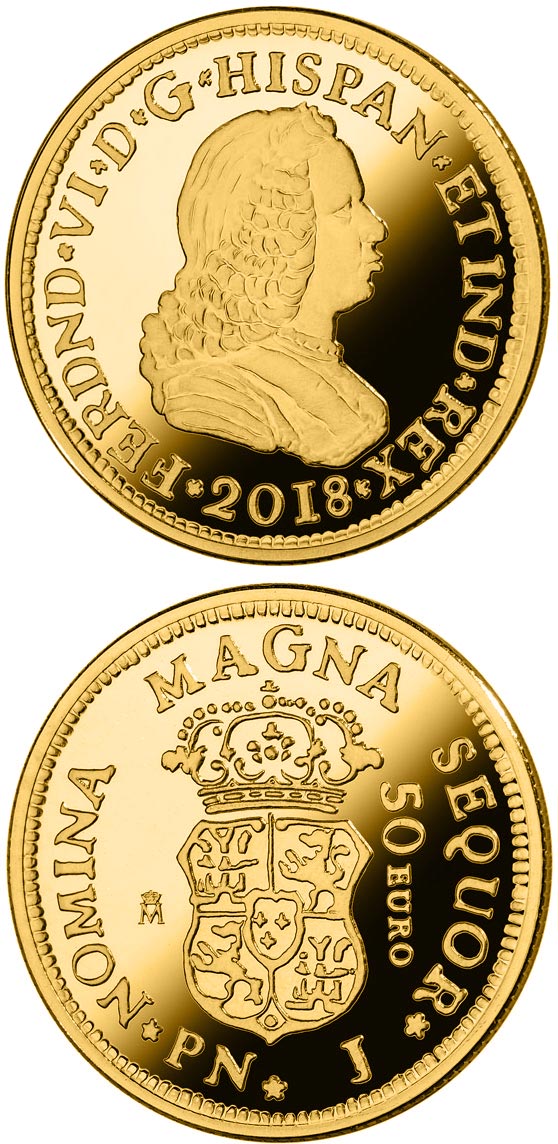 Image of 50 euro coin - 150th Anniversary Spanish Escudos | Spain 2018.  The Gold coin is of Proof quality.