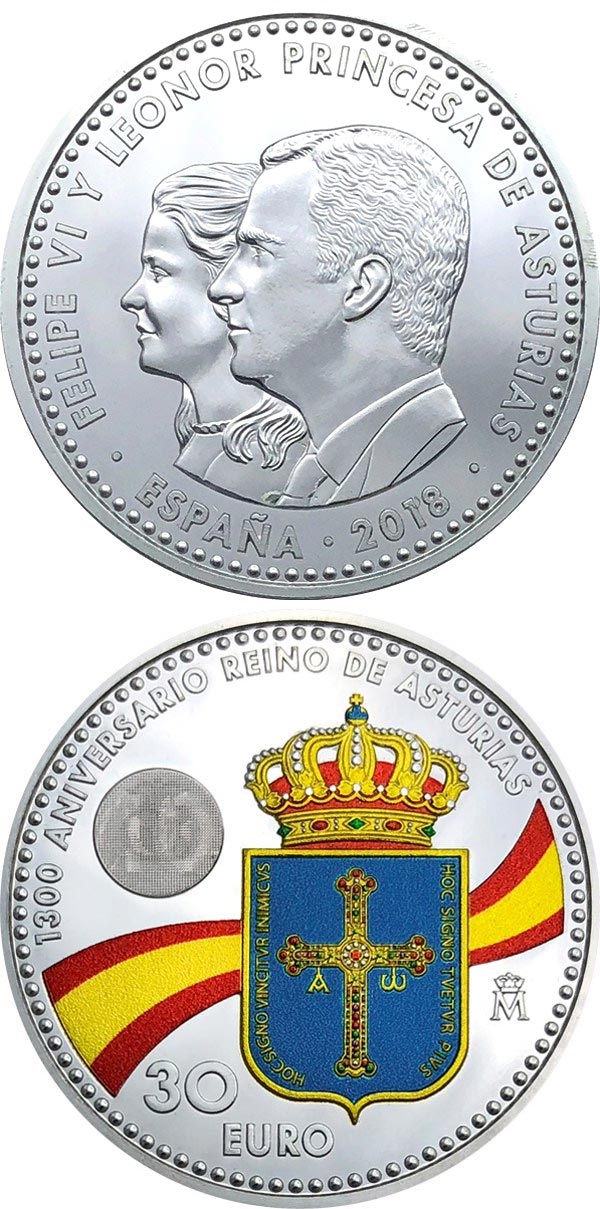 Image of 30 euro coin - 1300 Years of Kingdom of Asturias | Spain 2018.  The Silver coin is of BU, UNC quality.