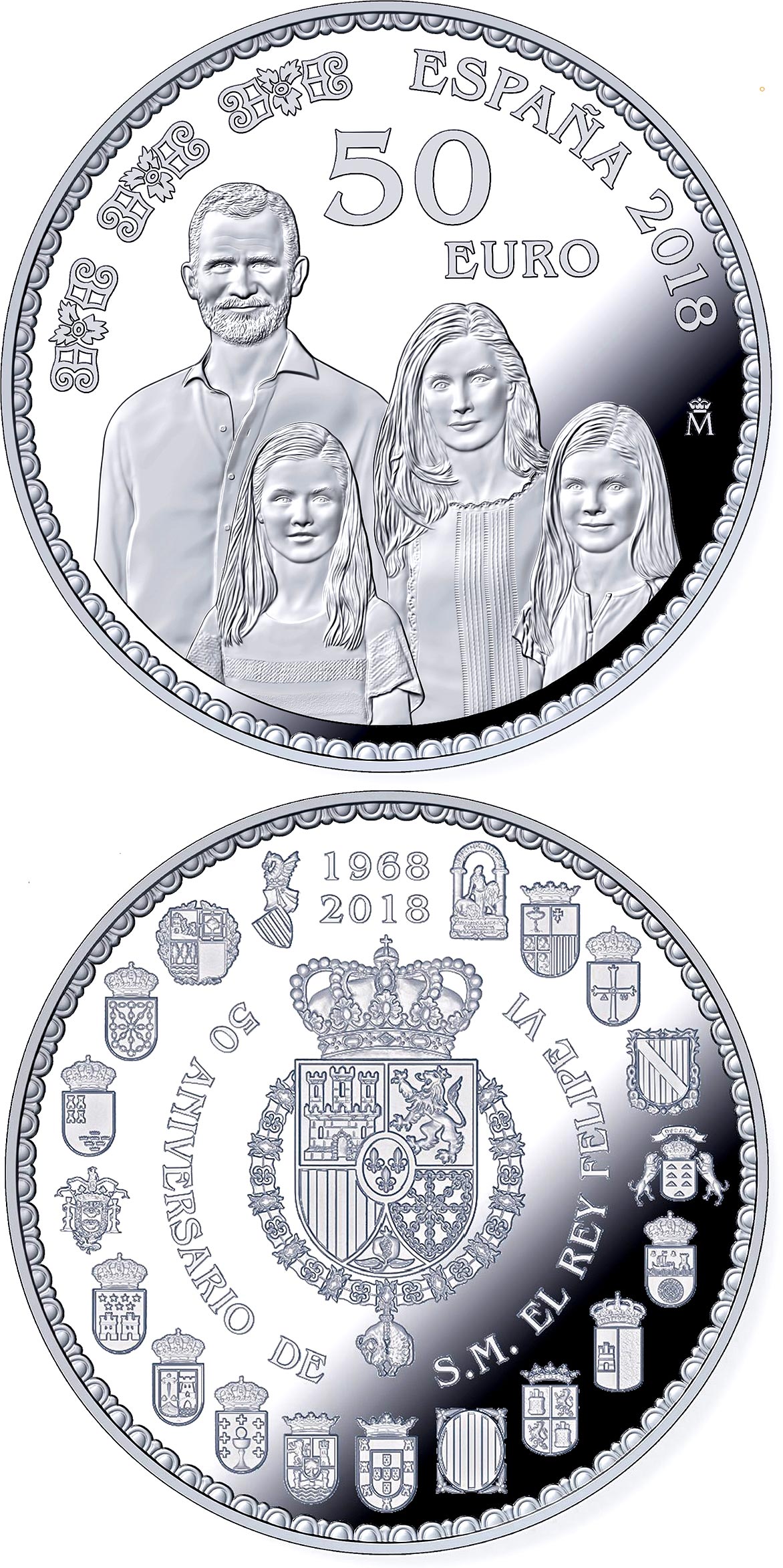 Image of 50 euro coin - 50th Anniversary of H.M. Felipe VI | Spain 2018.  The Silver coin is of Proof quality.