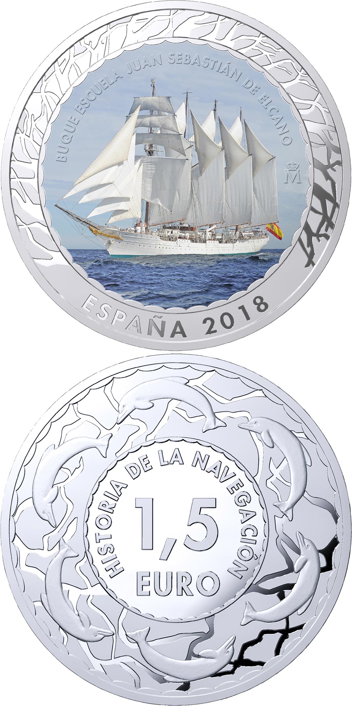 Image of 1.5 euro coin - Juan Sebastián de Elcano Training Ship | Spain 2018.  The Copper–Nickel (CuNi) coin is of BU quality.