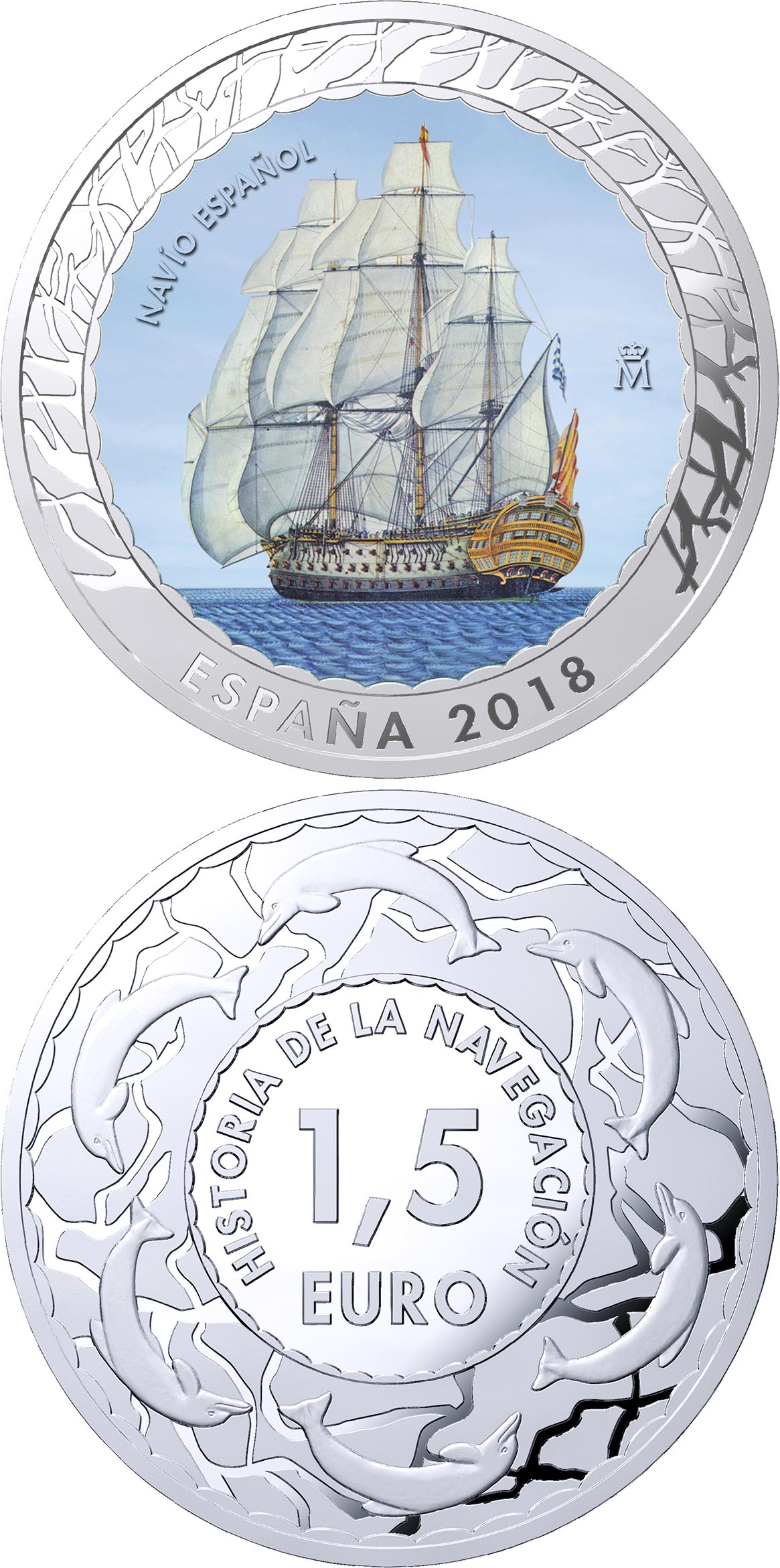 Image of 1.5 euro coin - Spanish Vessel | Spain 2018.  The Copper–Nickel (CuNi) coin is of BU quality.