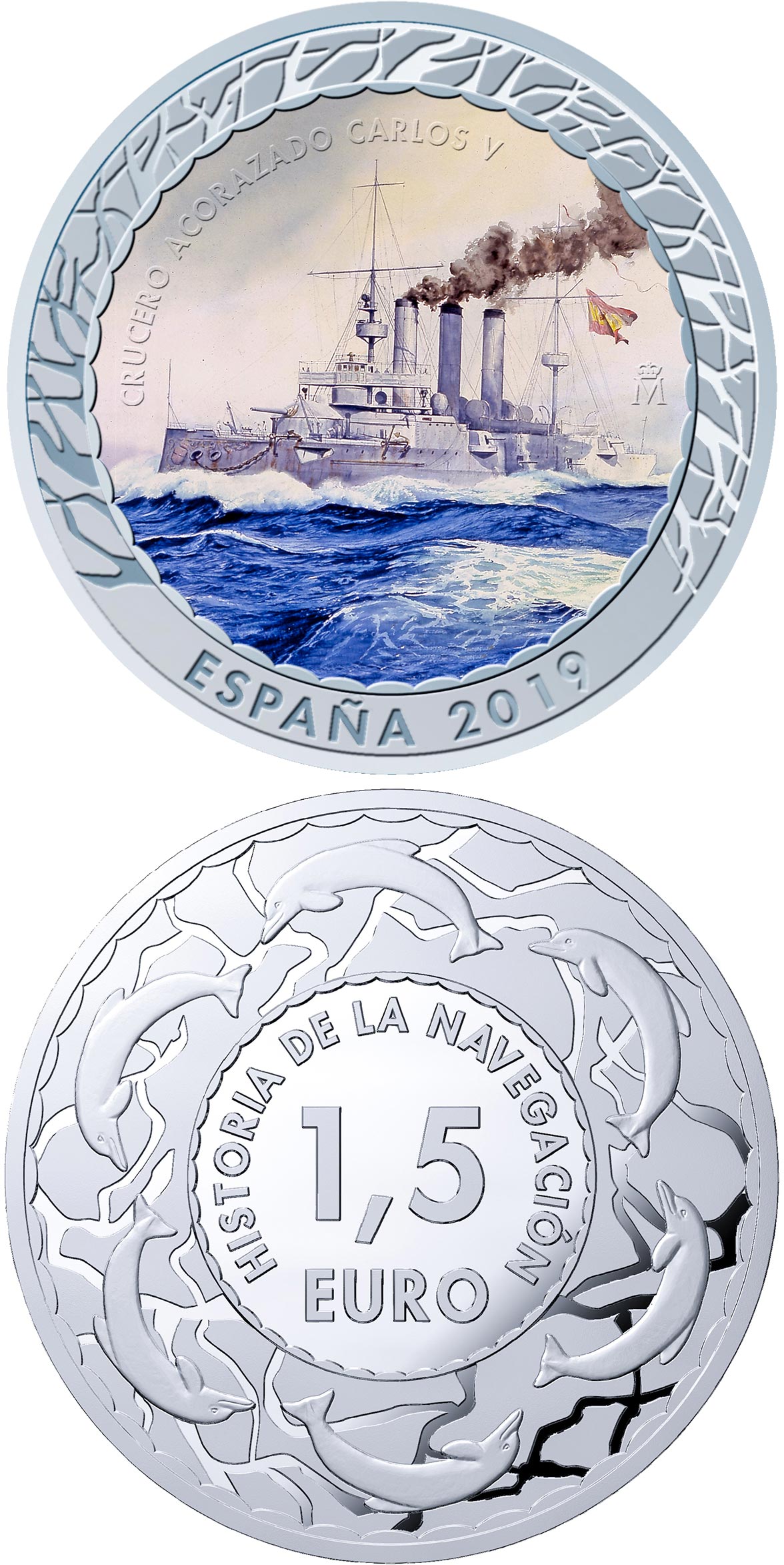 Image of 1.5 euro coin - Spanish Cruiser Carlos V | Spain 2019.  The Copper–Nickel (CuNi) coin is of BU quality.