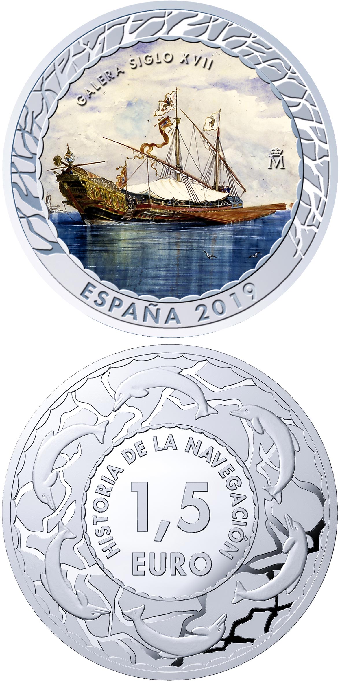 Image of 1.5 euro coin - 17th Century Galley | Spain 2019.  The Copper–Nickel (CuNi) coin is of BU quality.