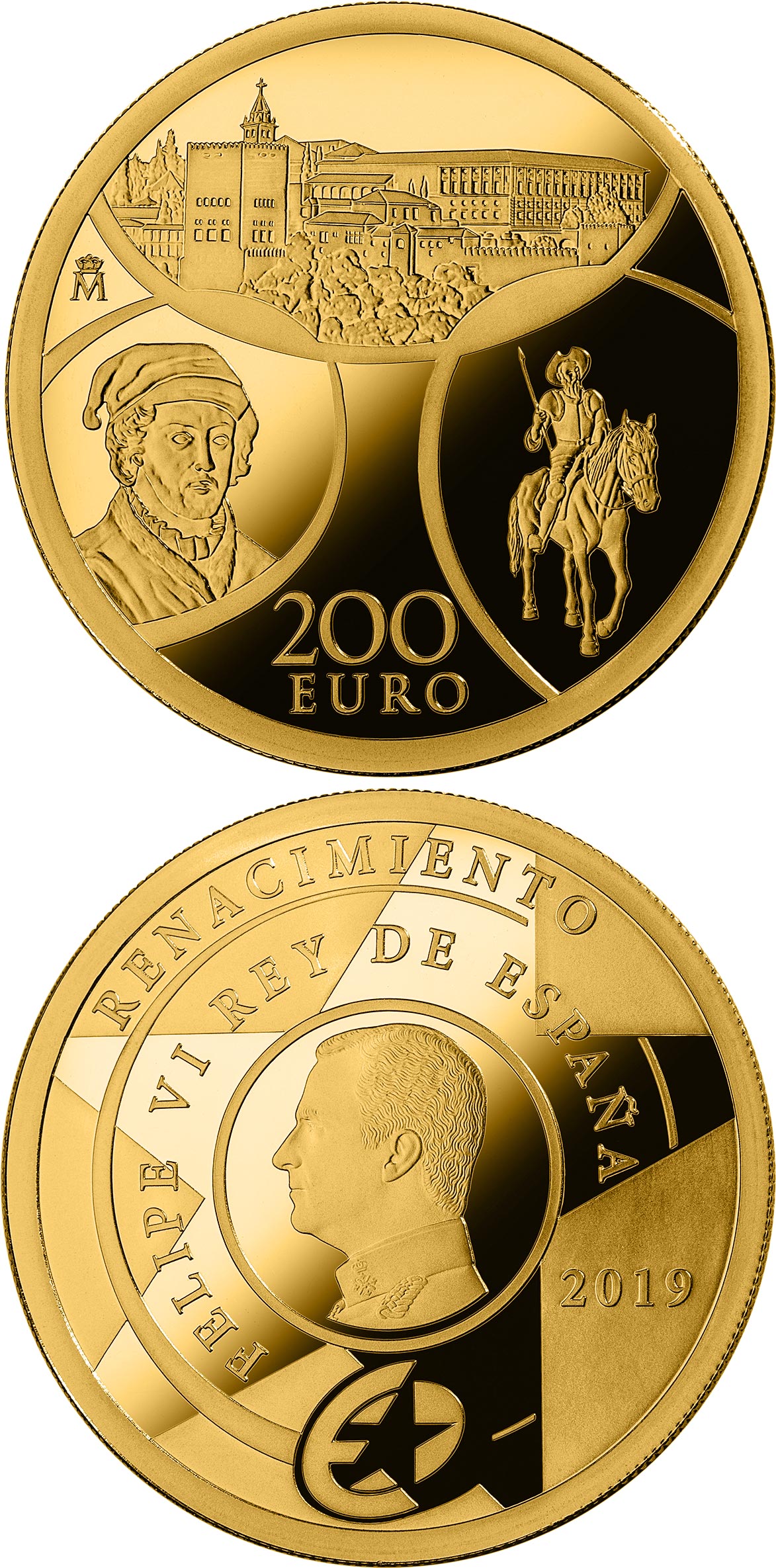 Image of 200 euro coin - The Renaissance | Spain 2019.  The Gold coin is of Proof quality.