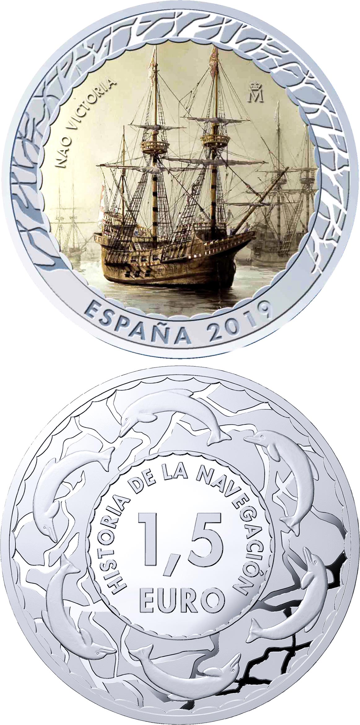 Image of 1.5 euro coin - Nao Victoria | Spain 2019.  The Copper–Nickel (CuNi) coin is of BU quality.