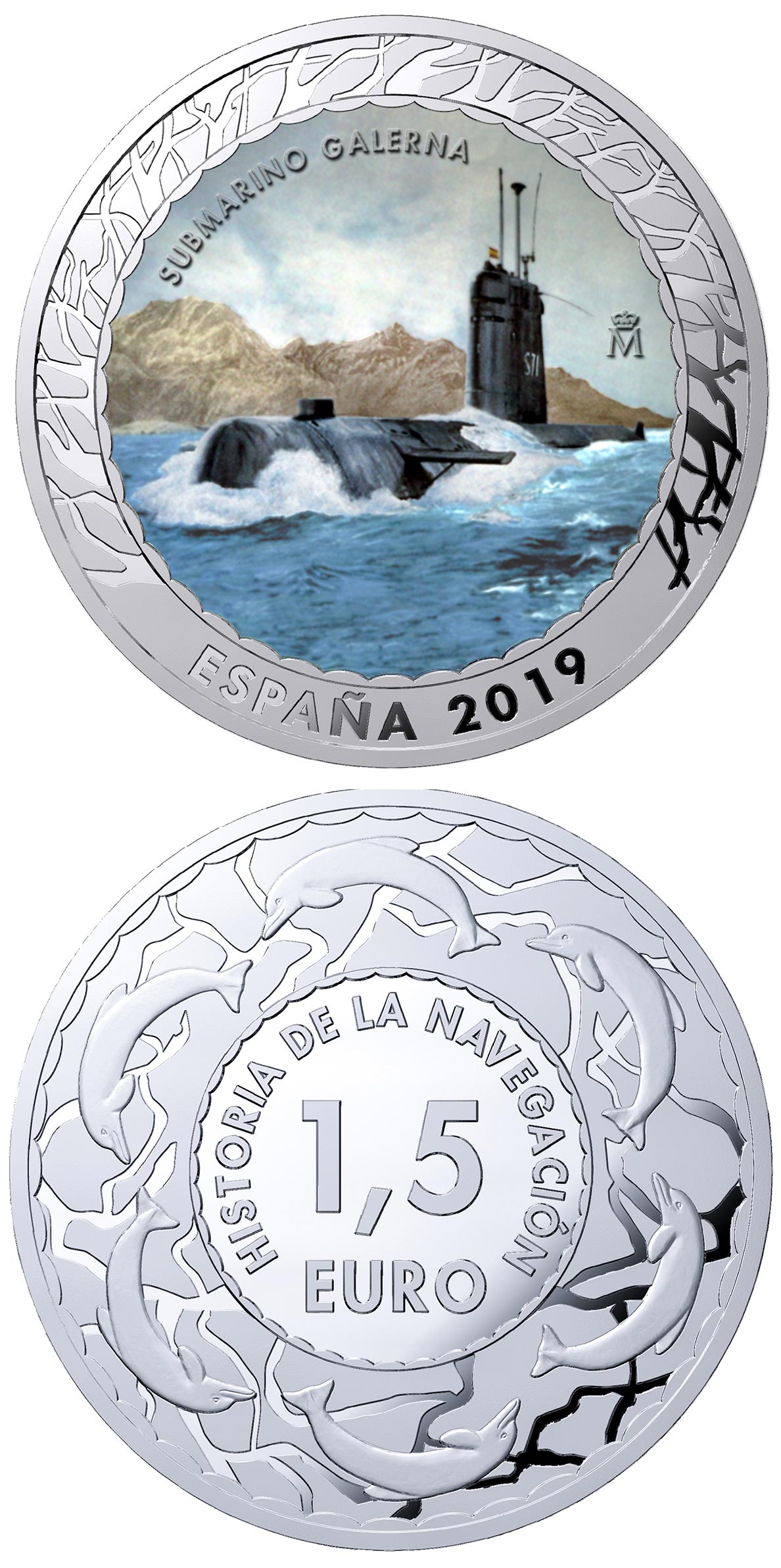Image of 1.5 euro coin - Submarine Galerna | Spain 2019.  The Copper–Nickel (CuNi) coin is of BU quality.