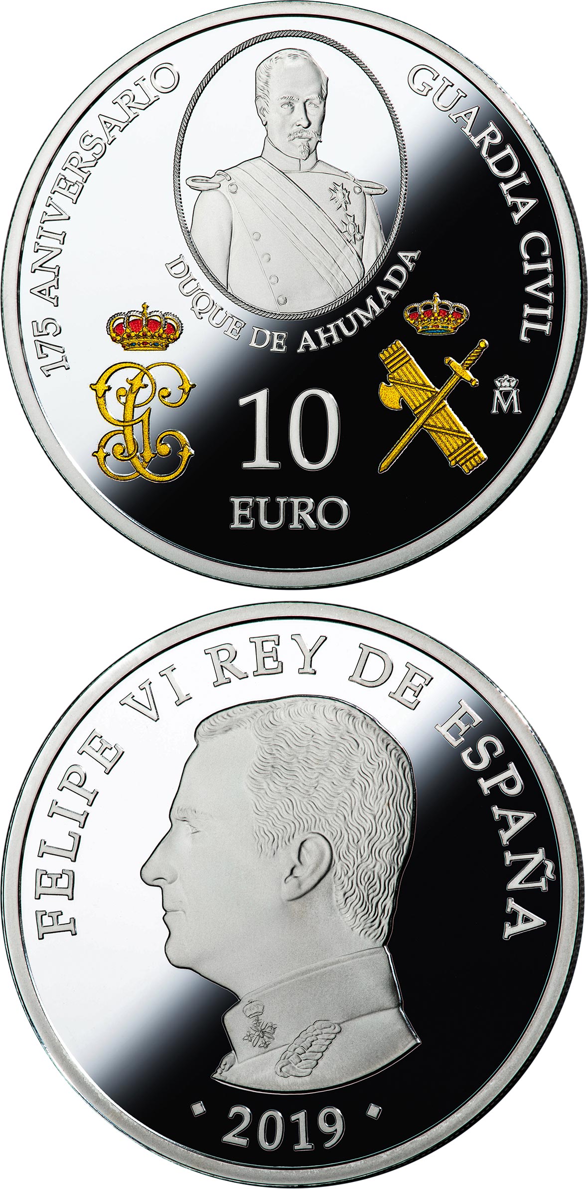Image of 10 euro coin - 175th Anniversary Civil Guard | Spain 2019.  The Silver coin is of Proof quality.