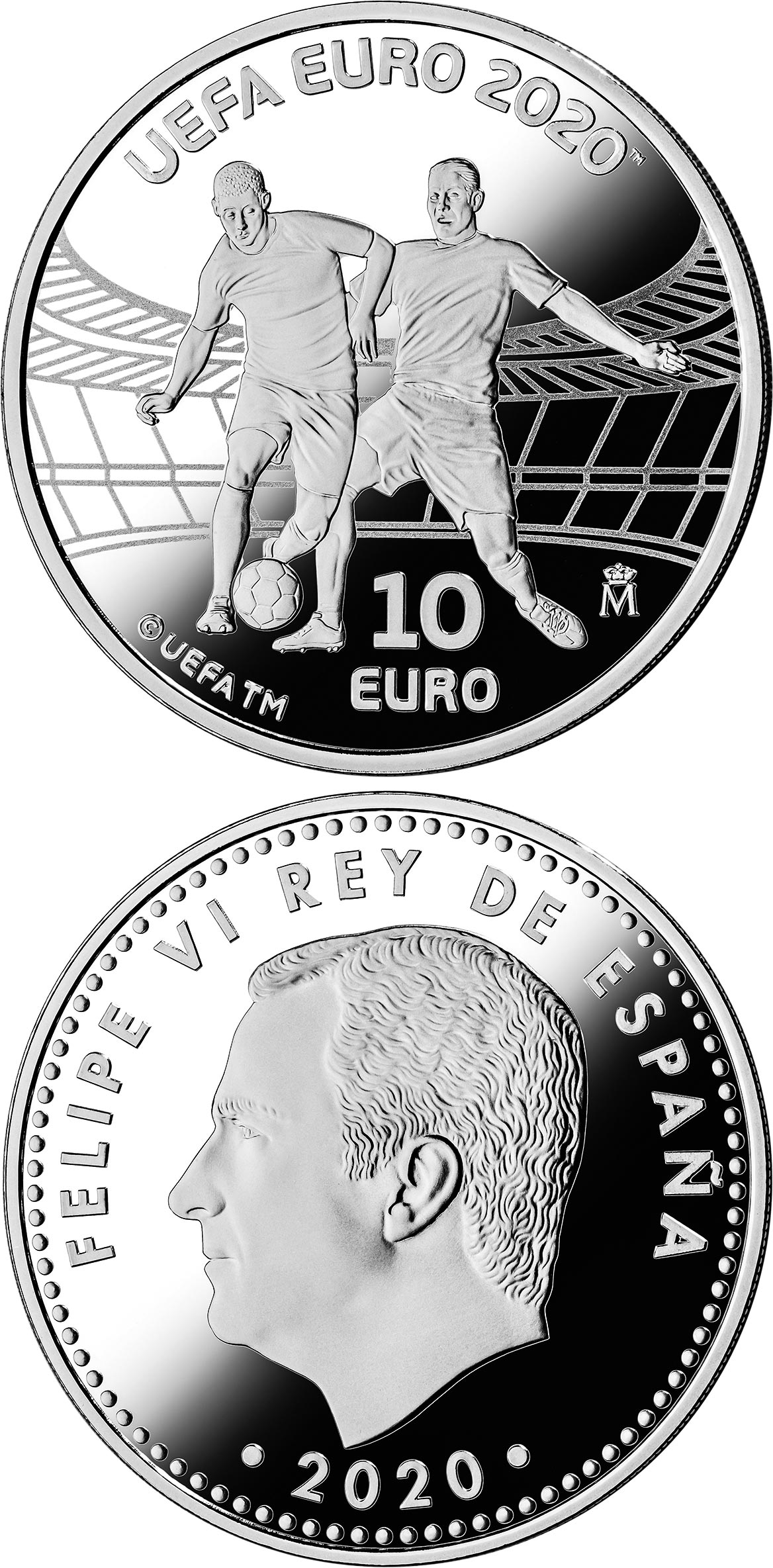 Image of 10 euro coin - UEFA EURO 2020 | Spain 2020.  The Silver coin is of Proof quality.