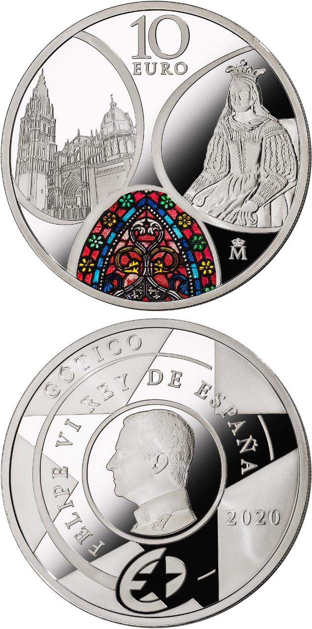 Image of 10 euro coin - Gothic | Spain 2020.  The Silver coin is of Proof quality.