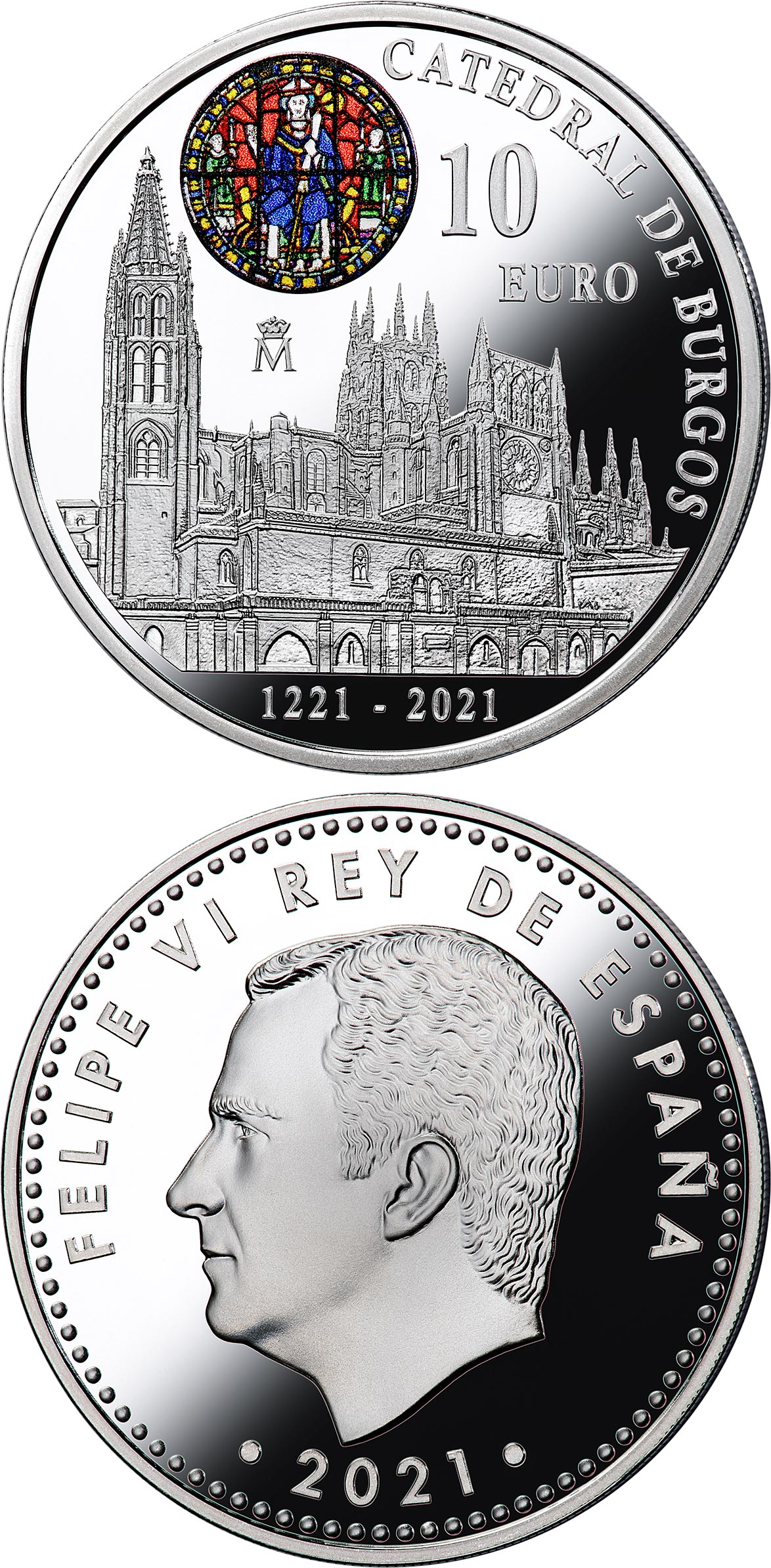 Image of 10 euro coin - 800th Anniversary of the Start of the Construction of the Burgos Cathedral | Spain 2021.  The Silver coin is of Proof quality.