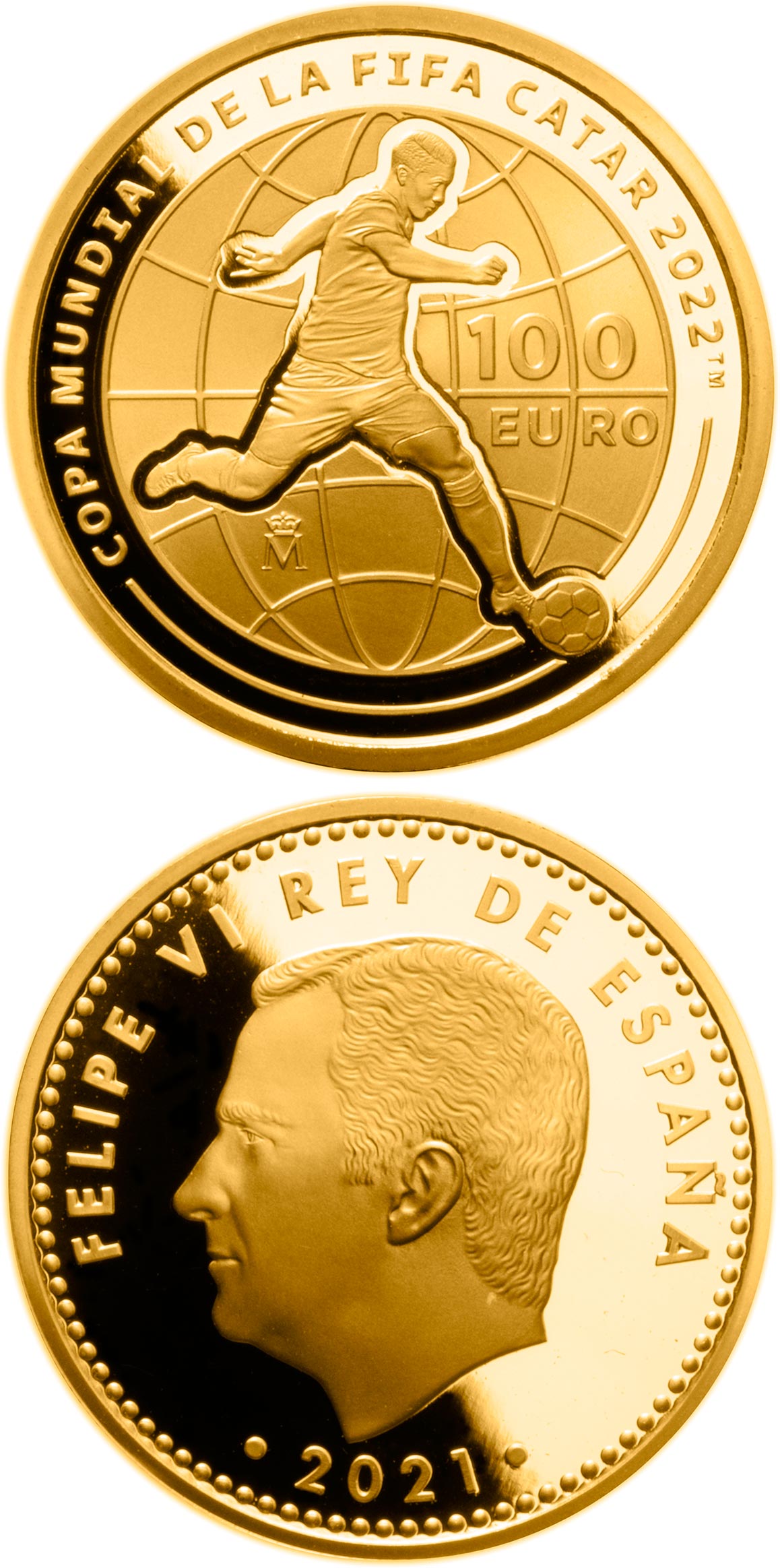 Image of 100 euro coin - FIFA World Cup Qatar 2022 | Spain 2021.  The Gold coin is of Proof quality.