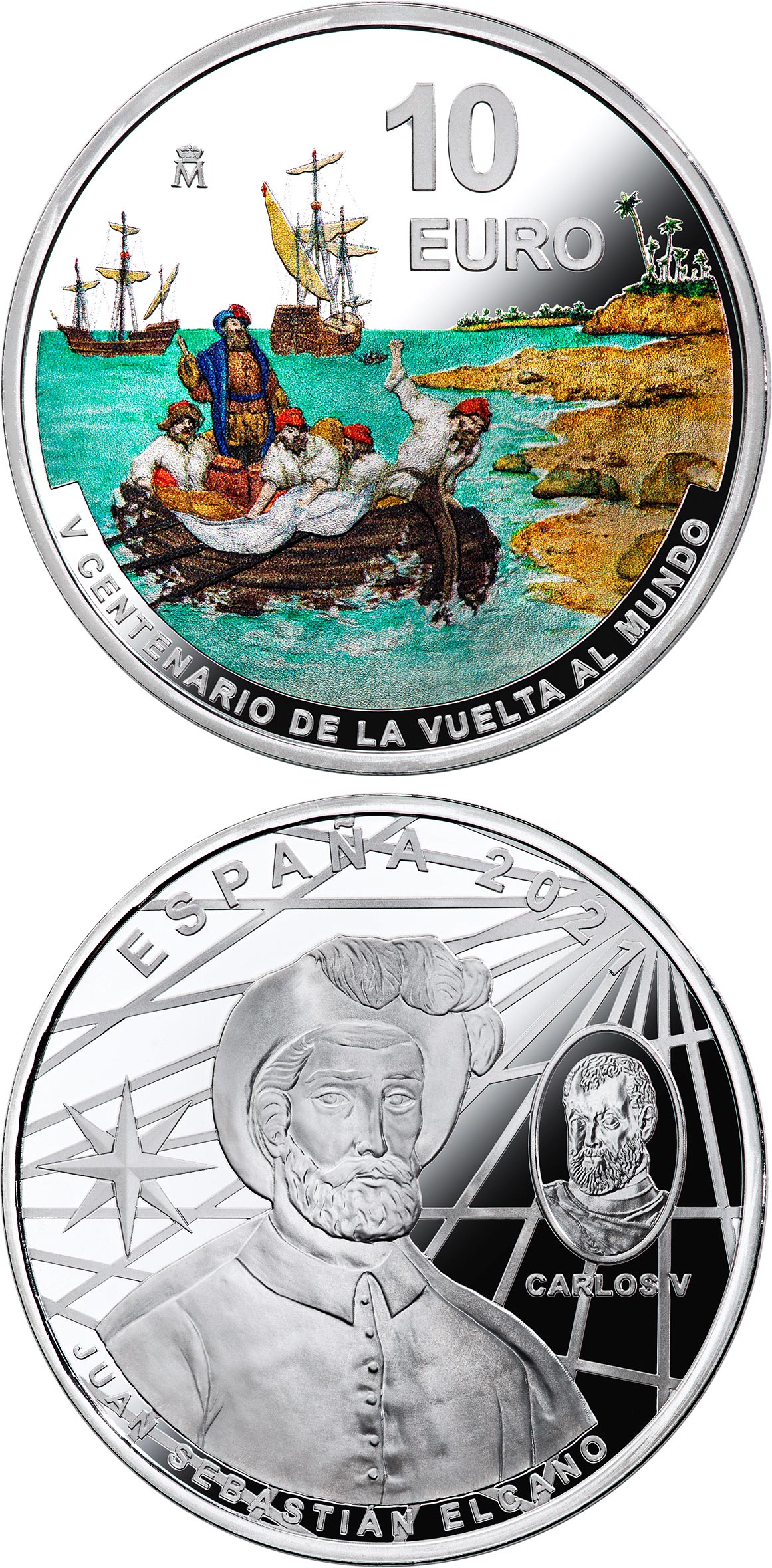 Image of 10 euro coin - 1st Round-The-World Voyage | Spain 2021.  The Silver coin is of Proof quality.