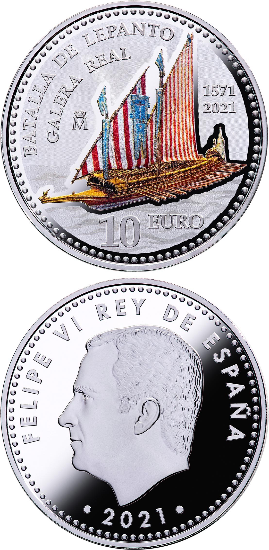 Image of 10 euro coin - 450th Anniversary of the Battle of Lepanto | Spain 2021.  The Silver coin is of Proof quality.