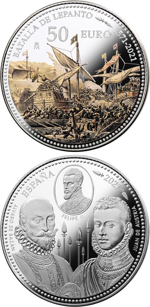 Image of 50 euro coin - 450th Anniversary of the Battle of Lepanto | Spain 2021.  The Silver coin is of Proof quality.