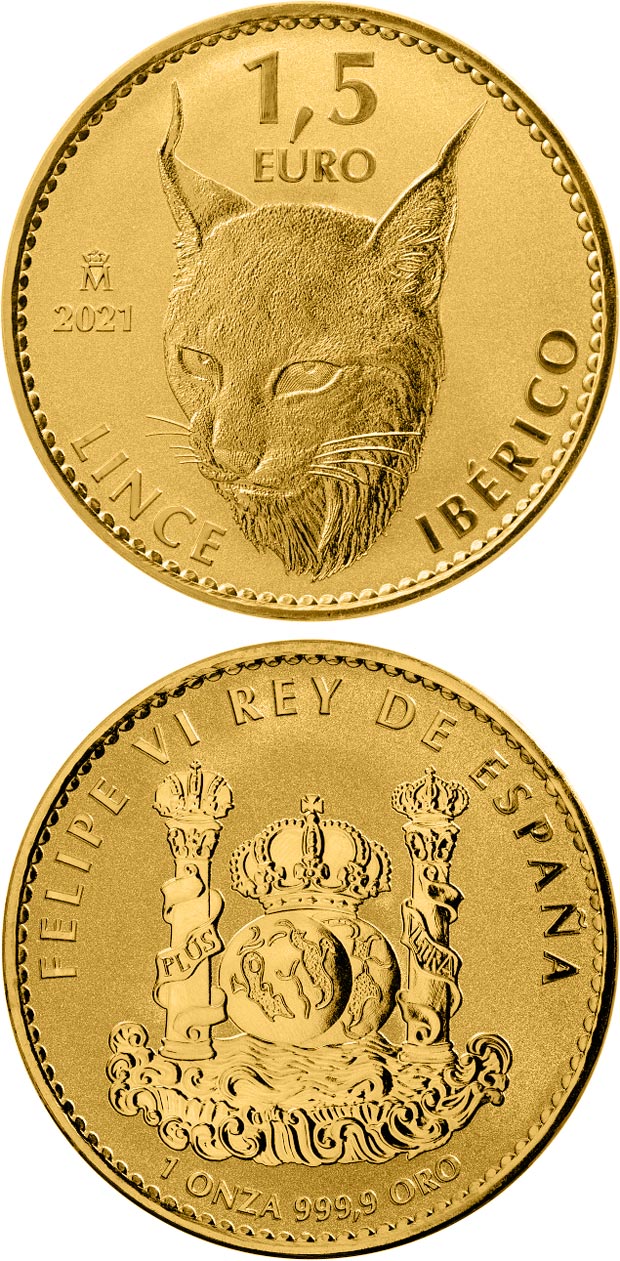 Image of 1.5 euro coin - Iberian lynx | Spain 2021.  The Gold coin is of Proof quality.