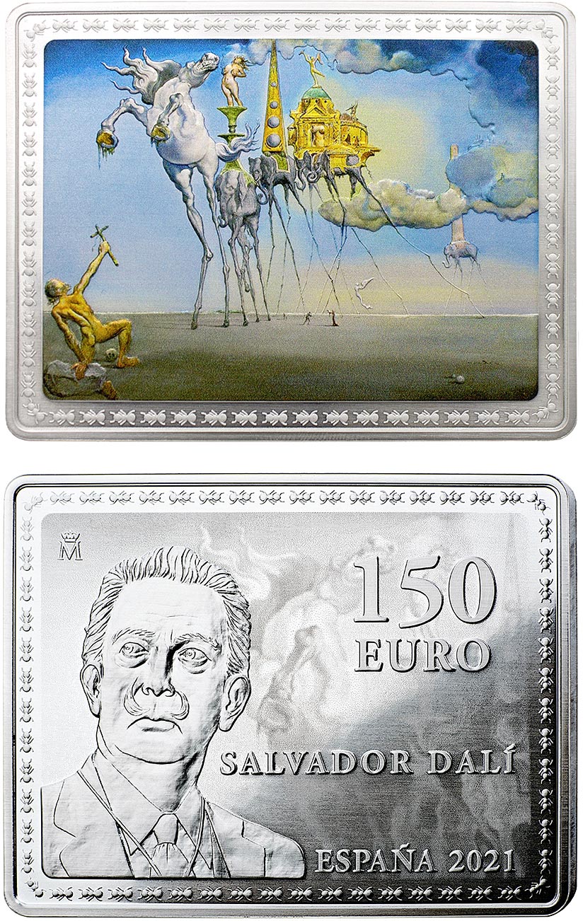 Image of 150 euro coin - Salvador Dalí | Spain 2021.  The Silver coin is of Proof quality.