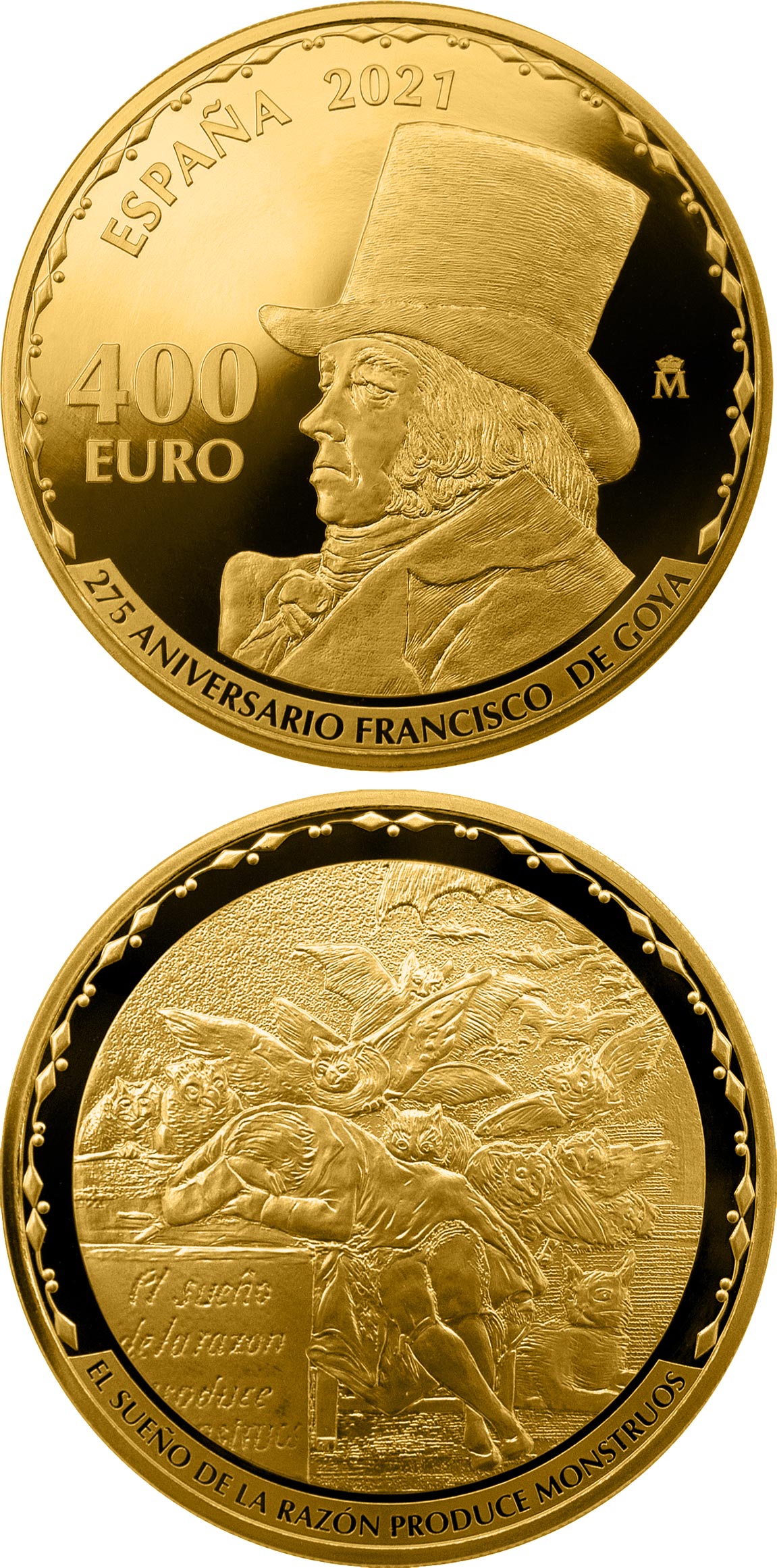Image of 400 euro coin - 275th Anniversary Francisco de Goya | Spain 2021.  The Gold coin is of Proof quality.