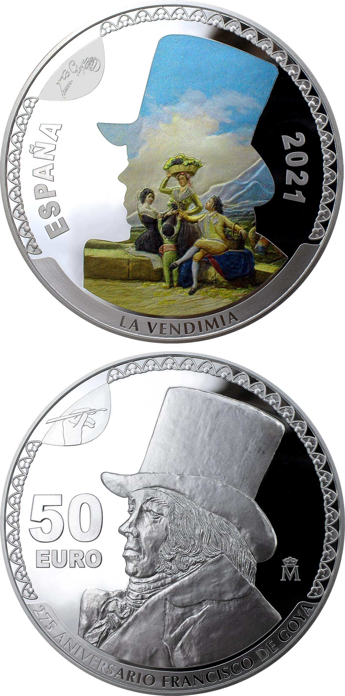 Image of 50 euro coin - 275th Anniversary Francisco de Goya | Spain 2021.  The Silver coin is of Proof quality.
