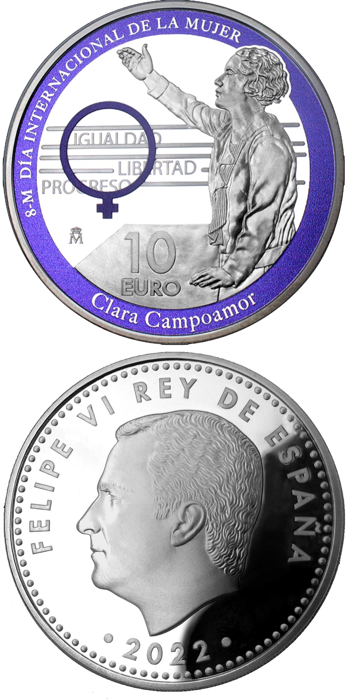 Image of 10 euro coin - Clara Campoamor | Spain 2022.  The Silver coin is of Proof quality.