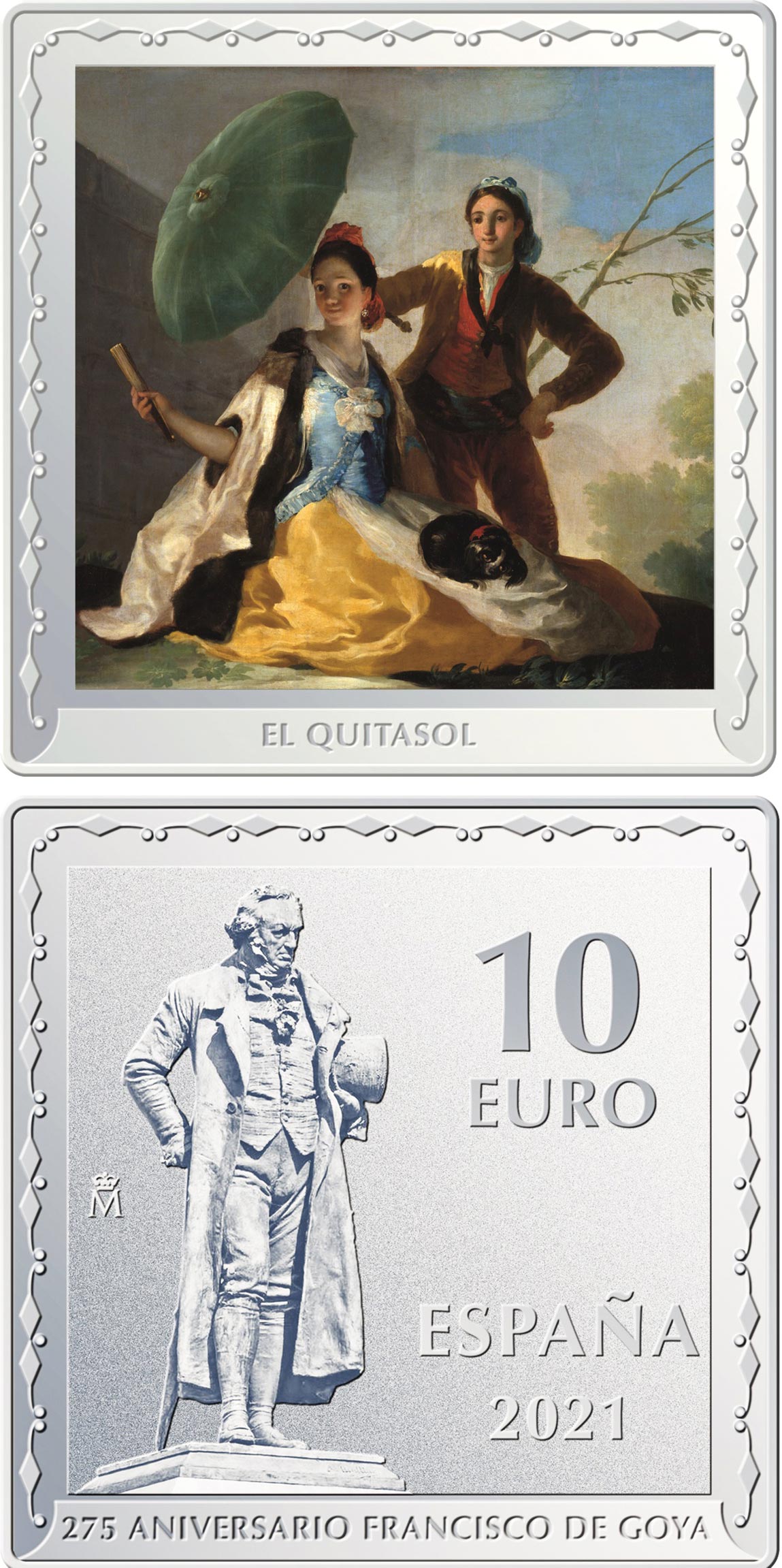 Image of 10 euro coin - 275th Anniversary Francisco de Goya - The Parasol | Spain 2021.  The Silver coin is of Proof quality.