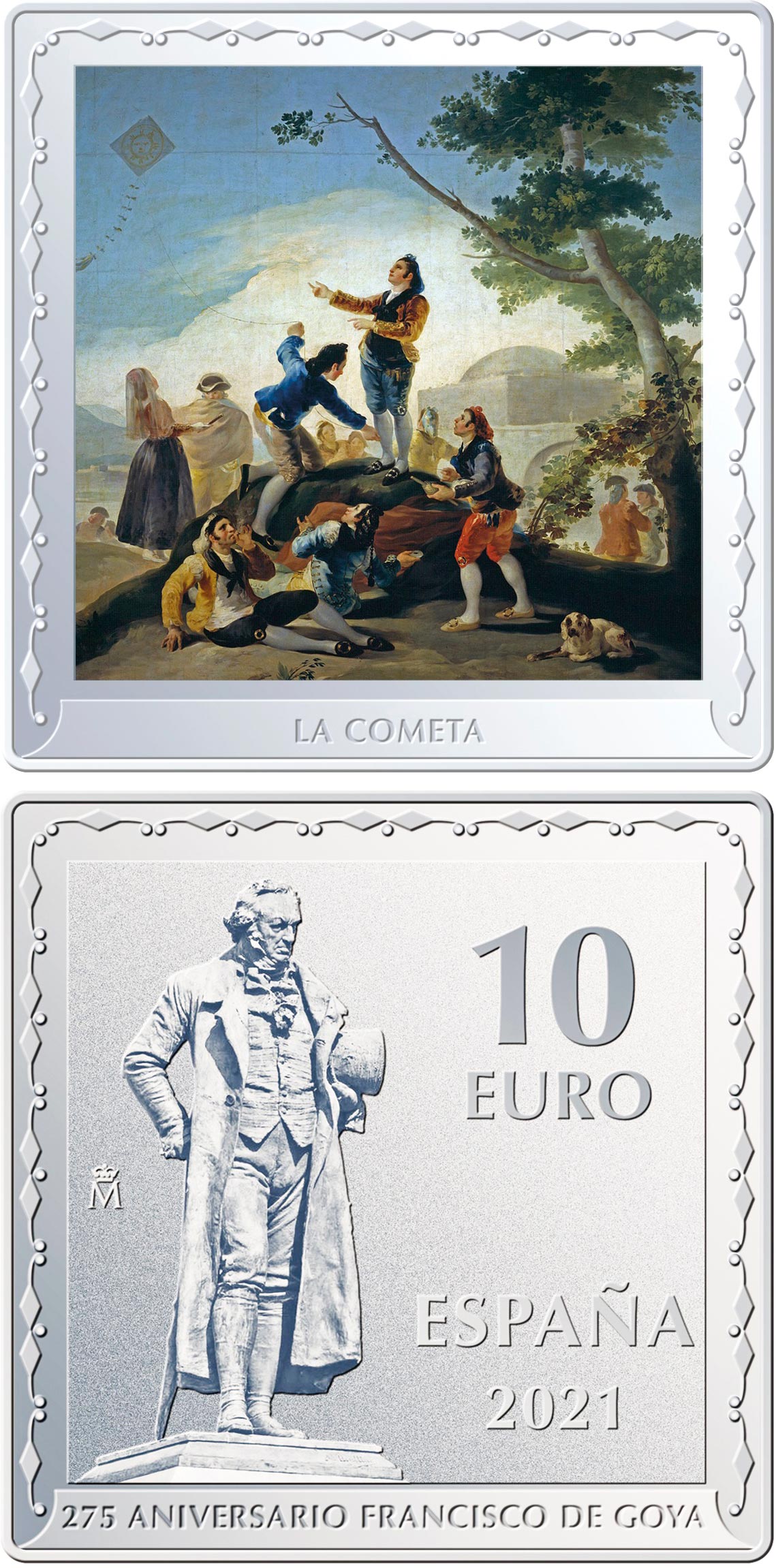 Image of 10 euro coin - 275th Anniversary Francisco de Goya -  The Kite | Spain 2021.  The Silver coin is of Proof quality.