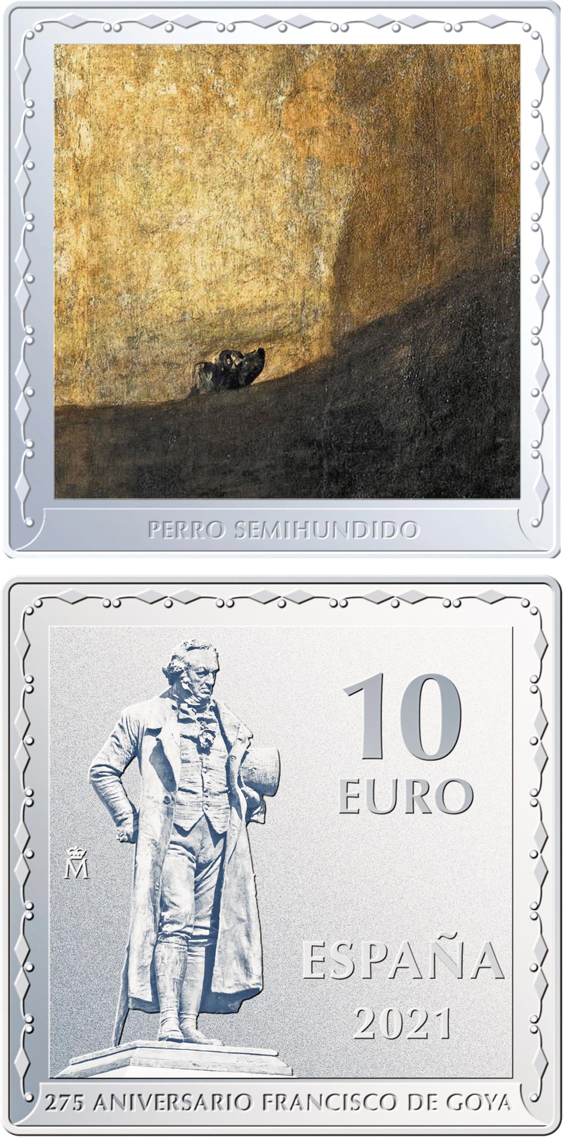 Image of 10 euro coin - 275th Anniversary Francisco de Goya -  The Dog | Spain 2021.  The Silver coin is of Proof quality.