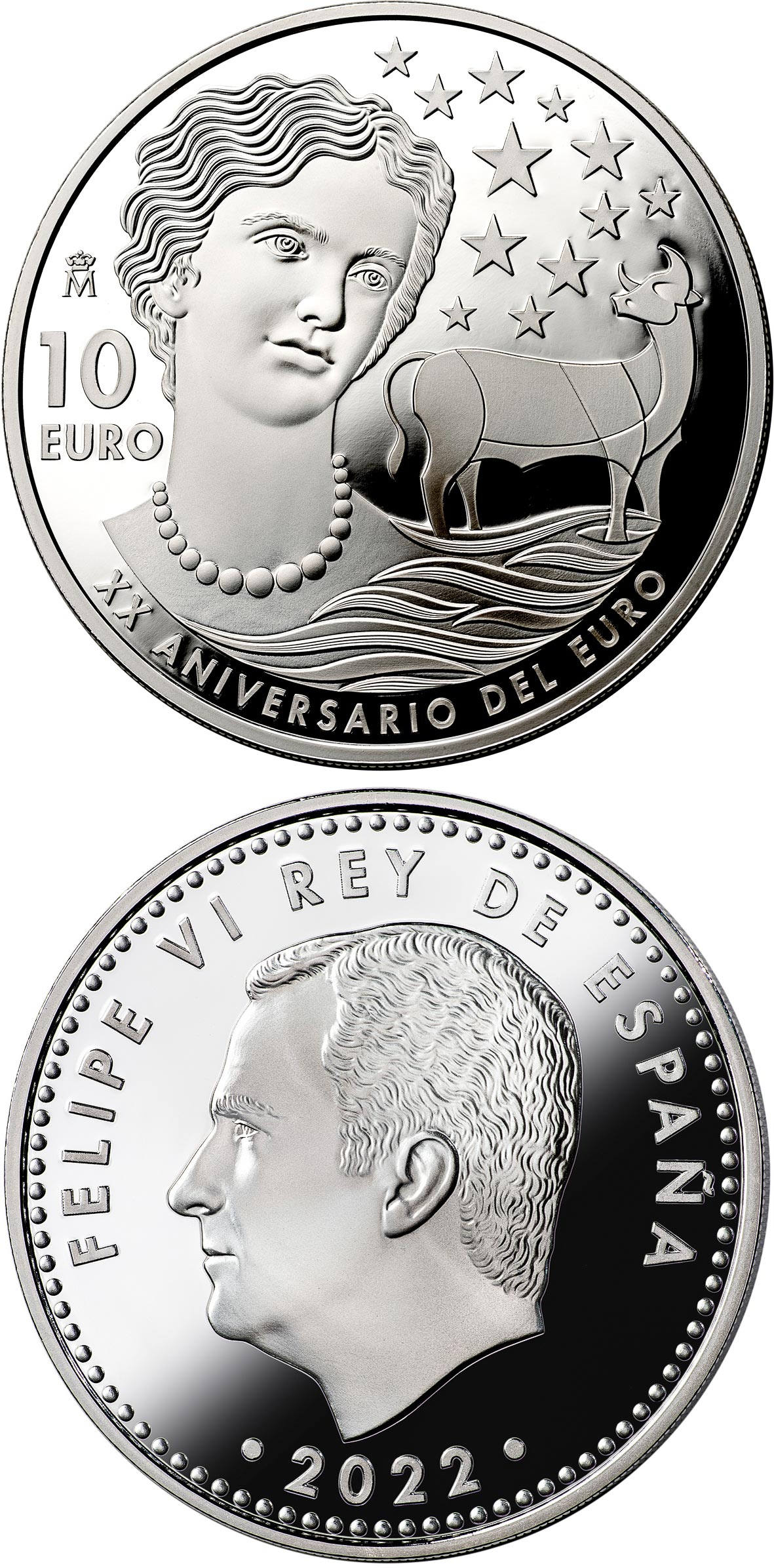 Image of 10 euro coin - 20th Anniversary of the Euro | Spain 2022.  The Silver coin is of Proof quality.
