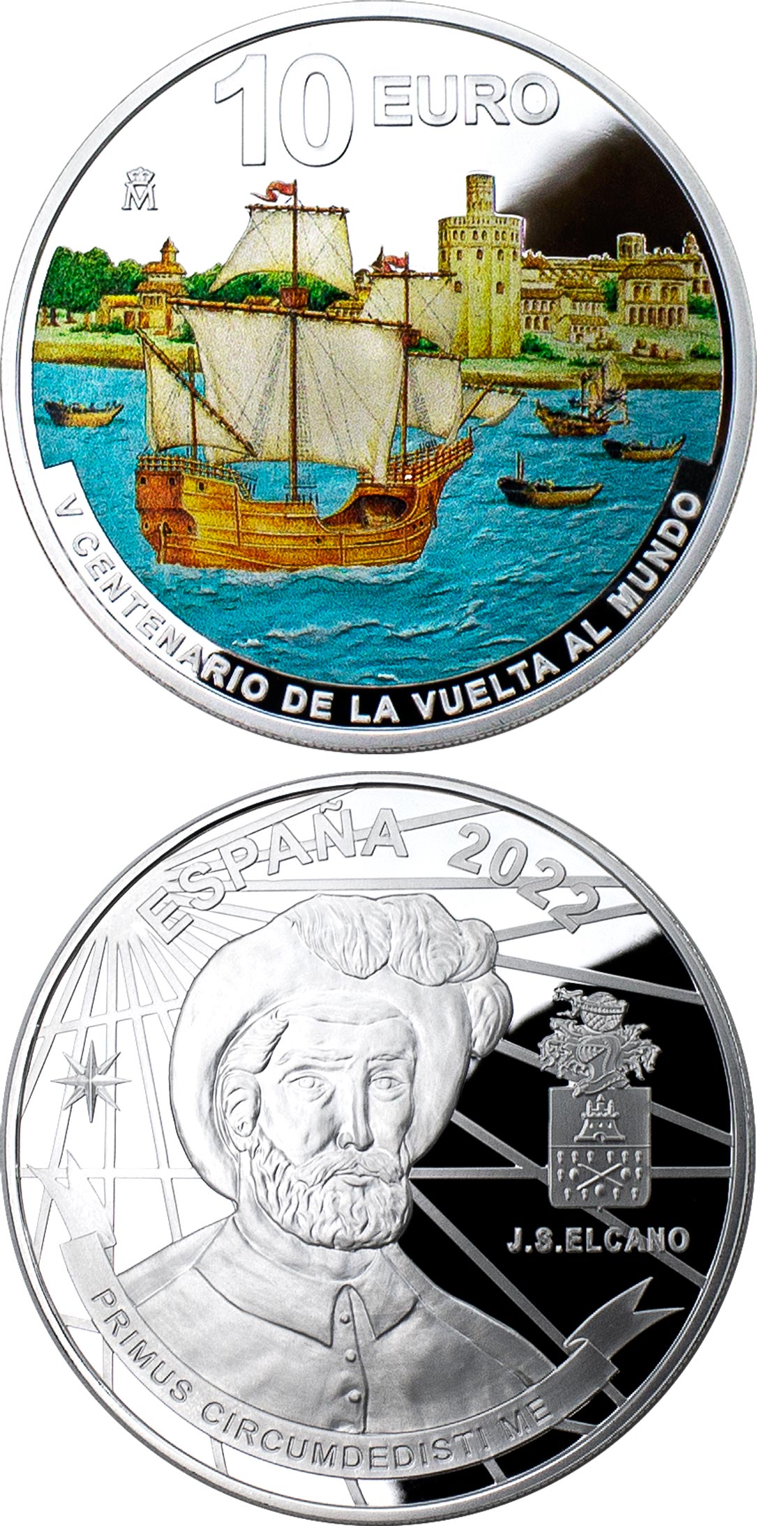 Image of 10 euro coin - 5th Centenary of the Round the World Race | Spain 2022.  The Silver coin is of Proof quality.