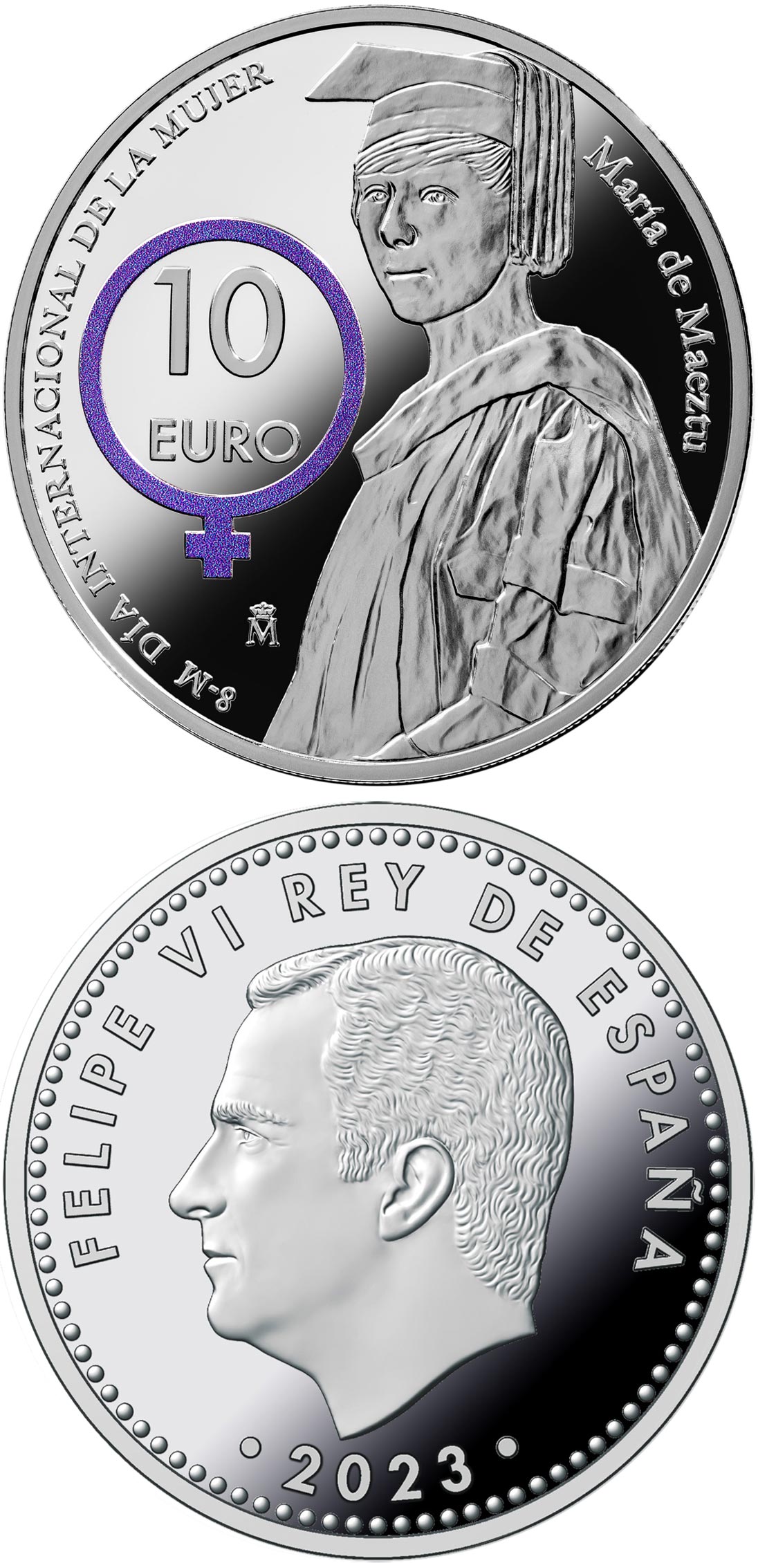 Image of 10 euro coin - International Women's Day - Tribute to María de Maeztu | Spain 2023.  The Silver coin is of Proof quality.